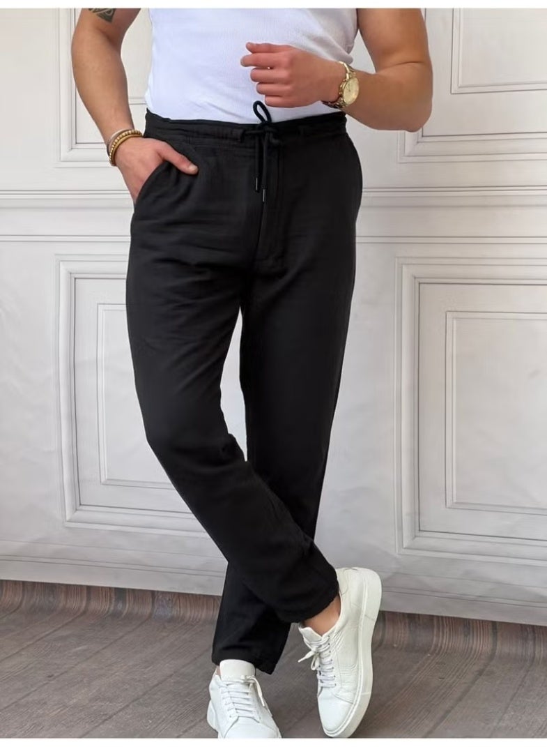 Cool Tarz Cool Style Men's Black Musli Laced Linen Trousers - Image 1